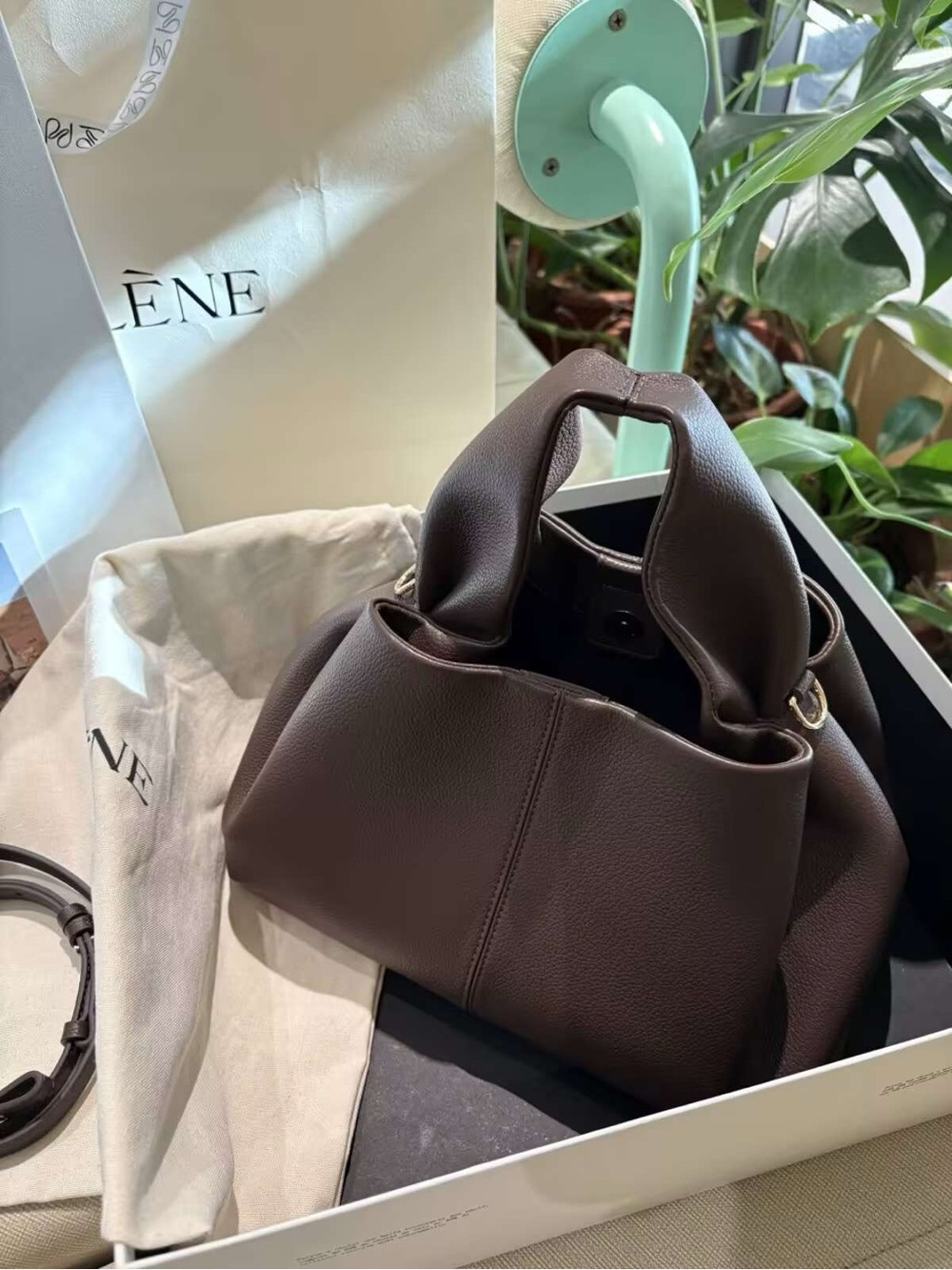 Polene Chocolate Brown Pebbled Leather Shoulder Bag - Gem